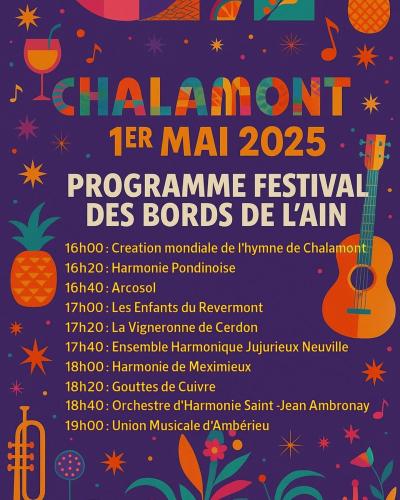Affiche festival de musique des bords de l ain 1 mai 2025 chalamont ohsja ordre passage